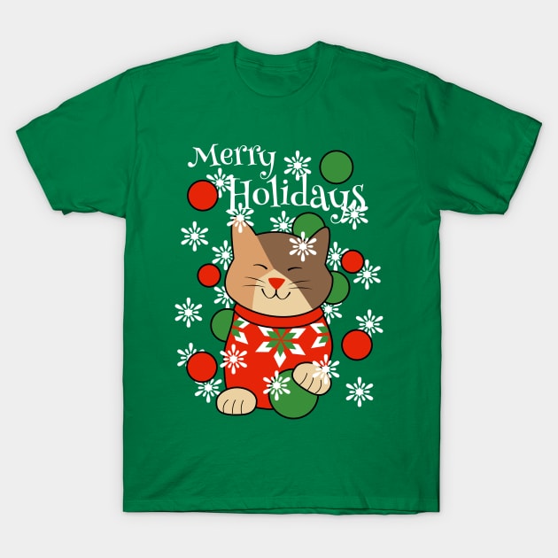 Merry Holidays Sweater Cat T-Shirt by Sue Cervenka